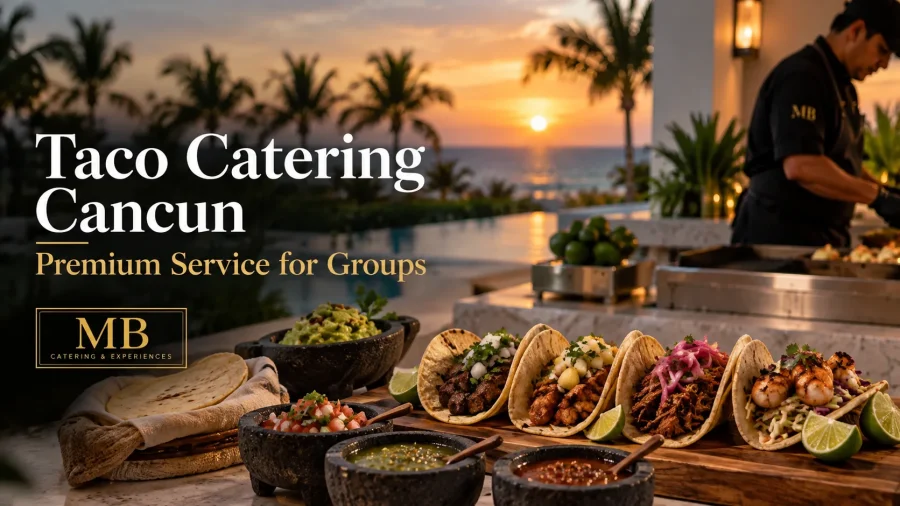 Taco Catering Cancun setup at a luxury villa with chef service, fresh tacos and sunset ocean views