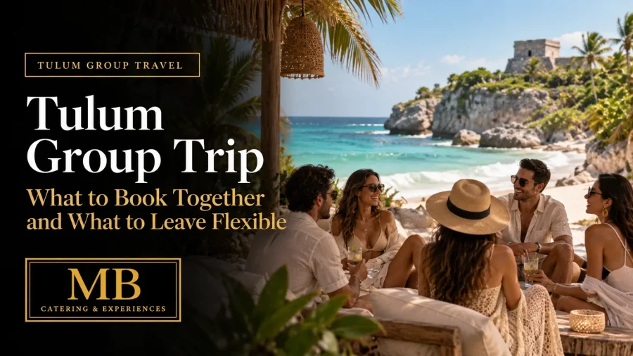 Tulum Group Trip banner showing friends relaxing by the beach with the Tulum ruins in the background