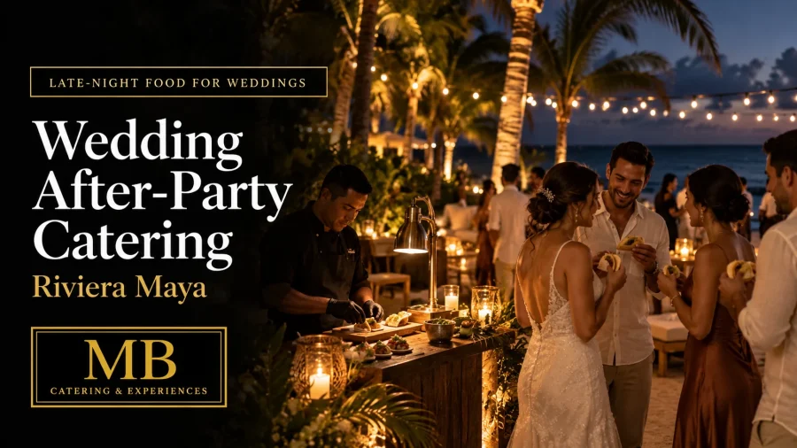 Wedding after-party catering in Riviera Maya with a late-night celebration set by the sea