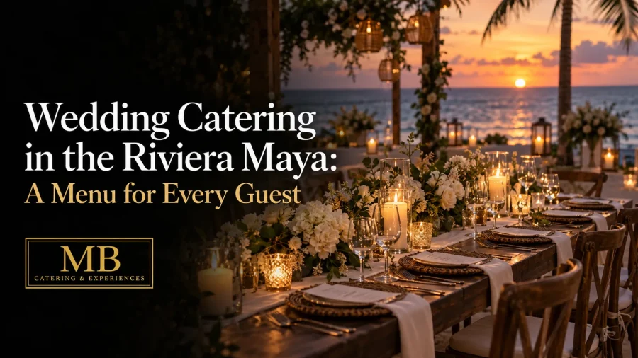 Beach wedding reception setup in the Riviera Maya with a long decorated dinner table at sunset